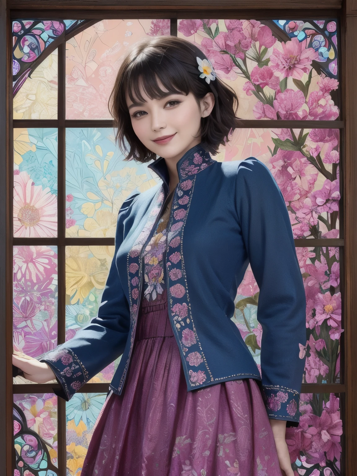 271 (20-year-old woman,short hair), (masterpiece, Highest quality, beautiful:1.2), Very detailed, (Fractal Art:1.1), (colorful:1.1), (flower:1.3), whole body, (Abstract background:1.3), (Many colors:1.4), (Old-fashioned smile), (window)