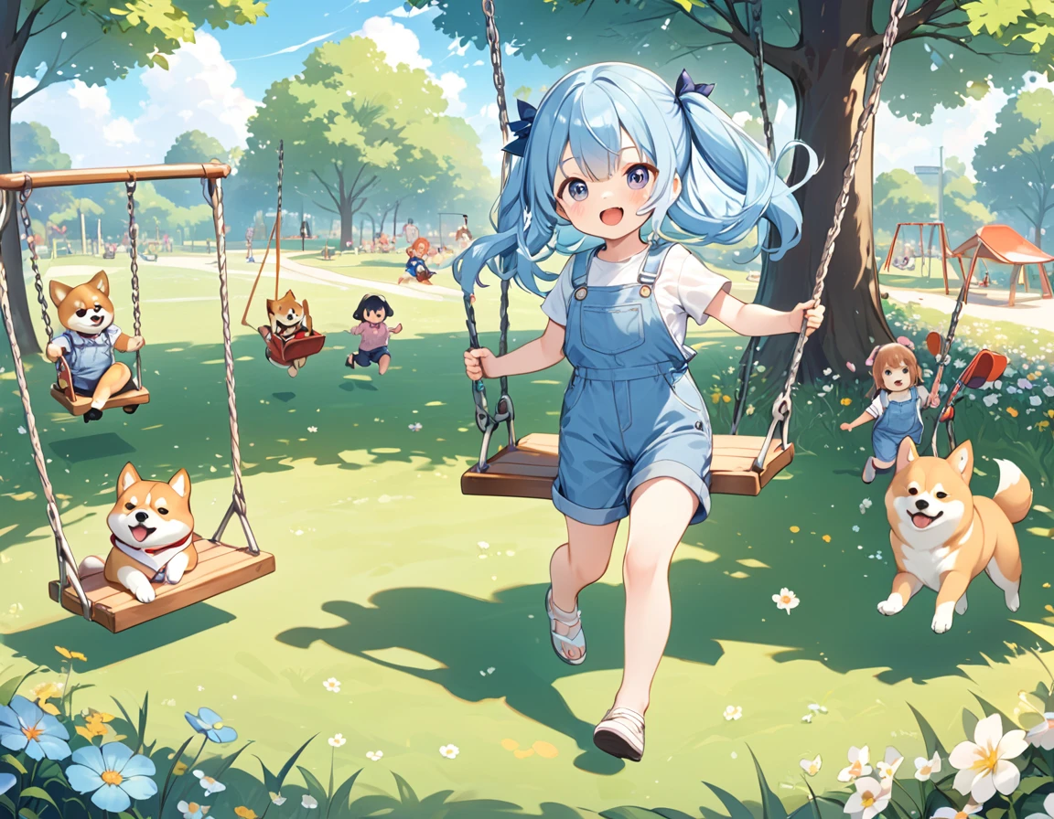 Light blue long hair、Twin-tailed Girl、Blue denim jumpsuit、A park full of grass and flowers、There are slides and swings、Five little characters playing、My beloved Shiba Inu dog is running around happily.、