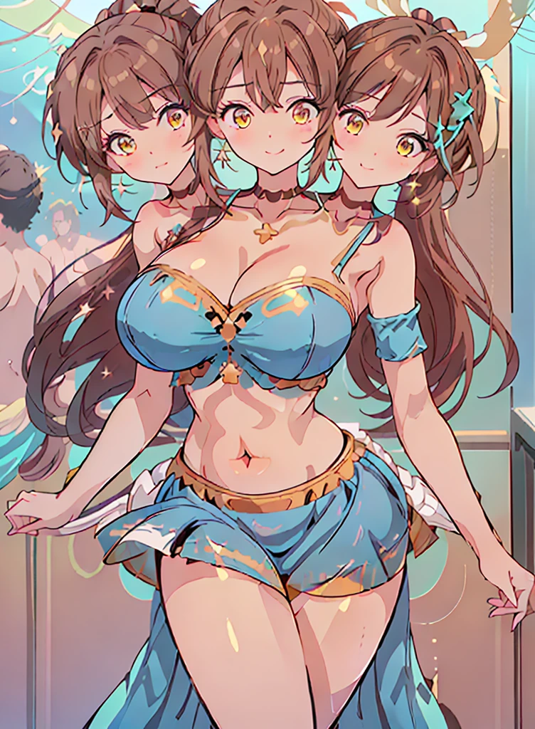 (16K), ((three headed woman)), smiling, highres, masterpiece, ((brown hair)), cleavage, large breasts, ((azure dress:1.5)), lustrous and smooth skin, (mature woman), seductive silhouette, casual crop top, sexy proportions, Beautiful girl with accentuated slender abs, seductive woman, ((party background)), necklace, azure miniskirt, miniskirt, open belly, exposed midriff, strapless, sleeveless, yellow eyes, beautiful eyes, ((long bushy ponytail)), ((gala)), cowboy shots, very big tits, huge breasts, open belly, exposed midriff
