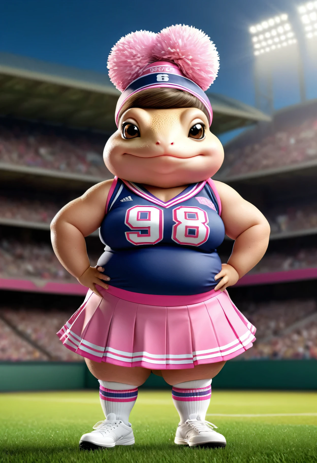 photorealistic portrait of Dressed animals - a ((fat))pink (toad) cheerleader,(full body image from head to toe:2.0), (hands on hips:2.0),(standing), (hairband),high quality,(lovely) , highly detailed cute  top with team logo ,intricate detailed  short pleated skirt, highly detailed ((cheerleader's costume)) ,(highly detailed sox and sneakers),(looking at viewer:1.5), (closed mouth:1.2), natural lighting,, grass sports field background,score_9, score_8_up, score_7_up, score_6_up, score_5_up, score_4_up,
