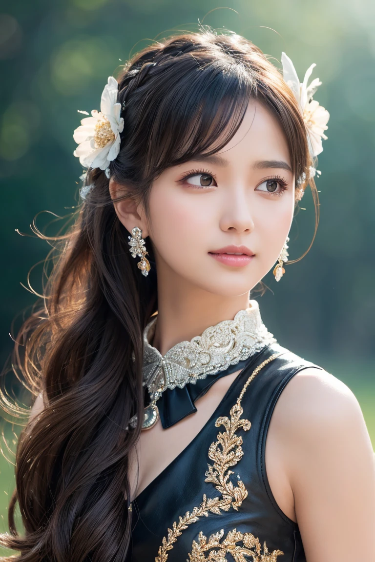 最高masterpiece、16K、最high quality、uhd、Detailed face、Detailed eyes、Epic Seven Style、Tenebrae、girl、 (Wavy Ponytail, Shoulder hair, Very long hair, very thick hair),(Have beautiful eyes), smile, Happy , Big Breasts, Cleavage, Crescent moon earrings, 2 pairs of leather collars with beautiful jeweled feathers), (Hair Flower Hairpins), Using Lens Flare, chromatic aberration, Attention to detail, anime, Romanticism, op art, Written boundary depth, Motion Blur, Dazzling Light, Film Grain, 超High resolution, retina, Accurate, masterpiece, Anatomically correct, Rough skin, Very detailed, Attention to details, high quality, Awards, 最high quality, High resolution, 16K, Place your hands behind your back