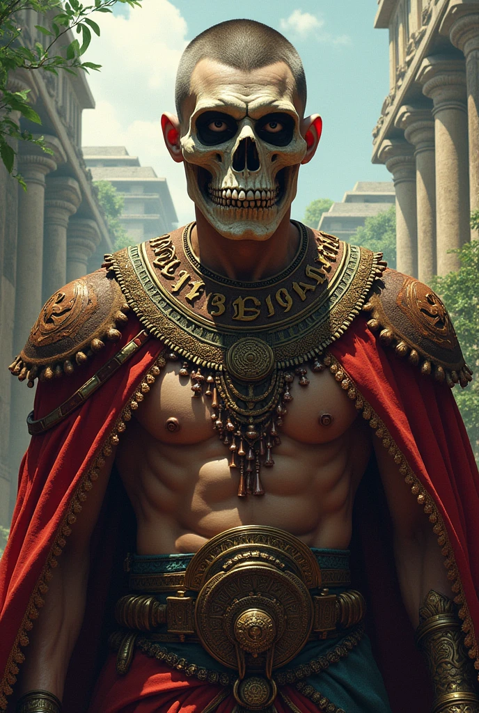 Aztec king with skull mask and really short hair
