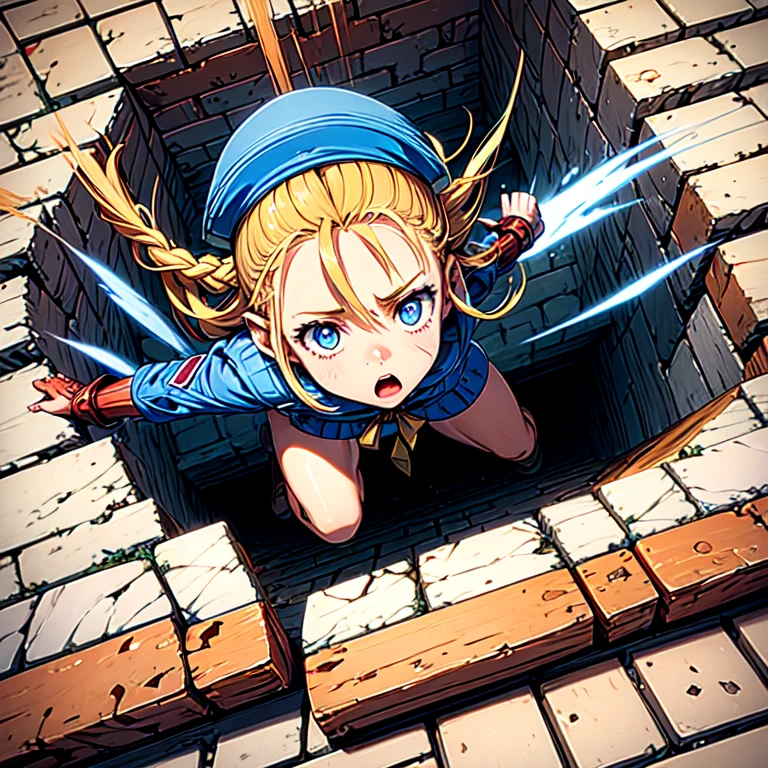 masterpiece,highest quality,very detailed,1 girl,alone,surprise,constricted pupils,I was scared,screaming,1 girl,small blue garrison hat, blonde hair, huge ahoge, long twin braids, blue eyes, scar on cheek, blue high neck thong leotard, small yellow tie, dark armband, big breasts, red fingerless gloves, blue lightning design in legs, brown high boots,break,(((Big square hole, Big square hole,fall,bottomless pit))),dungeon,Brick floor,stone floor,full body,reach out to the viewer,Dramatic and urgent scenes,