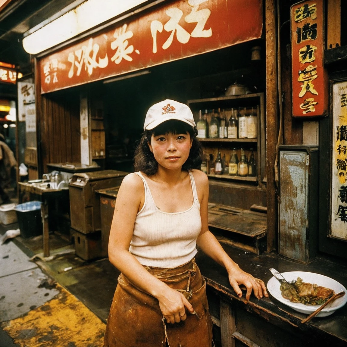 
((masterpiece、Highest quality))、Poor conditions、Japan 1980s, Dirty Standing Tavern、Cooking、Japanese alcoholic drinks、Old and dirty store, Unsanitary and dirty downtown Tokyo, Japan Streets, Cute girl working at the store、Poor workers、Rusted corrugated iron, Unhygienic restaurant, in the Tokyo cityscape, Kodachrome : : 8k yen, Vintage Photography, Printed matter from the 1970s