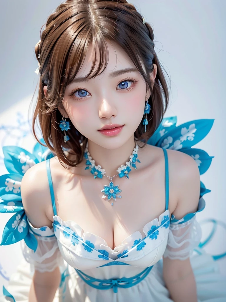 8k,Confused, High resolution, Very detailed, 1 girl, alone, Very beautiful eyes, Ultra-precise depiction, artistic、Very detailed depiction, (Tangled:1.2), , (White high key background:1.5), (((White dress with blue floral pattern 1.5))), 、 short hair、Loose wavy hair、Earrings and Necklaces、Brown Hair, (Glowing Skin), Many colors, , (Shooting from above:1.2),、Flat Body、slim、cute、、Round face、Cast a Shadow、、Smile 1.3