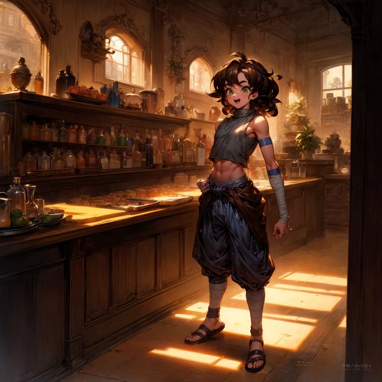 Solo character, full body version, , muscle, big torso, green eyes, brown hair, long hair, bob hair, Curly hair, casual clothing, short pants, bandage, Sleeveless, sandals, indoor, bar, village, medieval, morning, standing gesture, detailed background, detailed clothing, detailed hair, happy eyes, open mouth, (dragon ball style art)