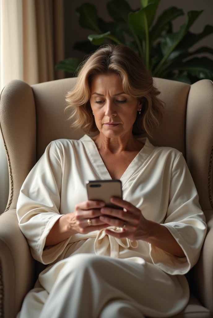 A 47-year-old woman with short, shoulder-length light brown hair and big brown eyes dressed in a light skin-colored robe sitting on an armchair looking at her cell phone