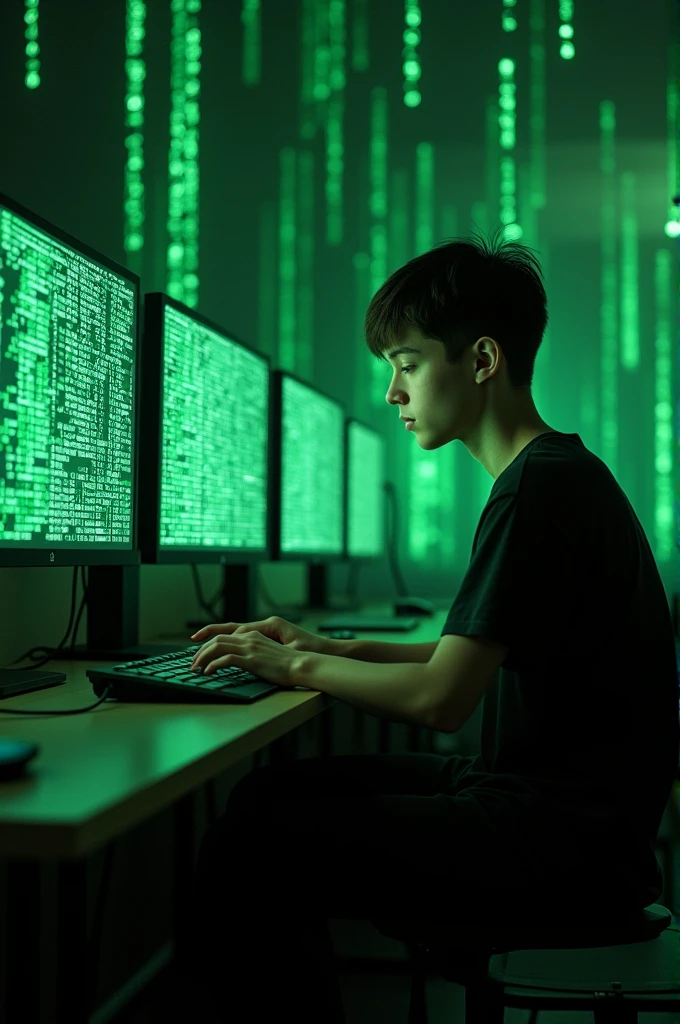 Create a boy wear a black t shirt and black pant with white shoes doing programming with multiple monitor in Matrix