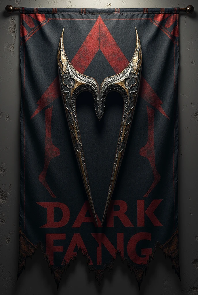 Create a flag for a group of mercenaries with a large fang in the center and the words "Dark fang" estilo World of warcraft