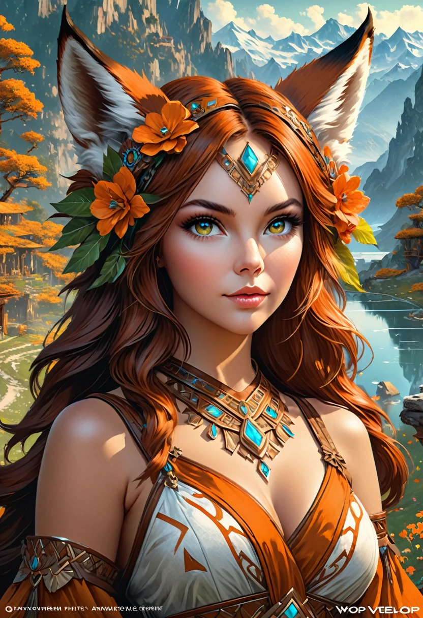 Anthropomorphic feminine fox-satyr enchantress. Official Art – An Award-Winning Digital Masterpiece In 4K Ultra HD, Extreme Detail And Intricate Realism. Symmetrical Face. This Concept Art Brought To Life By The Hands Of Artists Like Wlop & Artgerm In A Stunning 2D Vector Illustration. Background Is A Panoramic Vista.