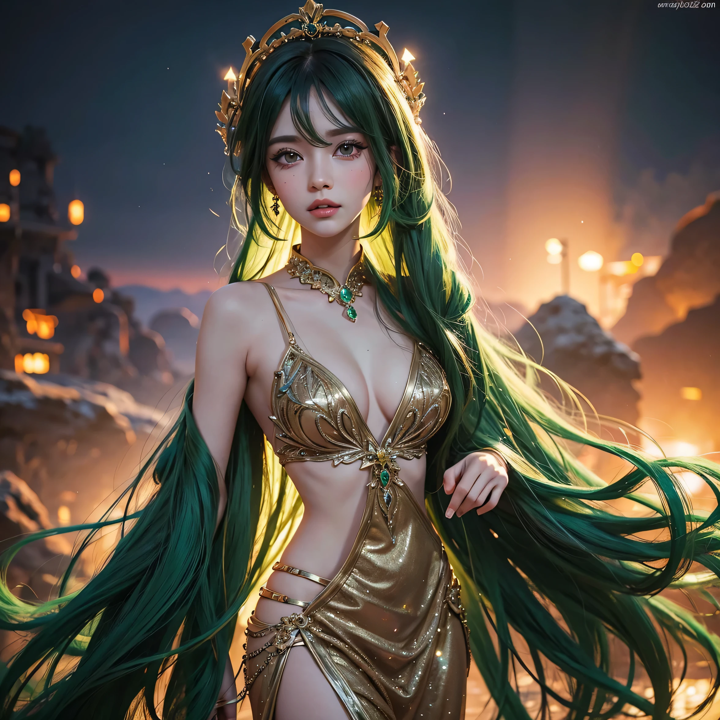 full body, matte painting of a green haired anime girl with sparkling brown eyes with Star motif, wearing a traditional green kebaya, holding hair, her hand is wearing a sparkling green ring, detailed glitter, deep color, fantastic, intricate details, splash screen, complementary colors, fantasy concept art, 8k resolution is trending in Artstation Unreal Engine 5 " glamorous and glittering, with Realistic Glitter Sequined Portrait. 4k, very detail,