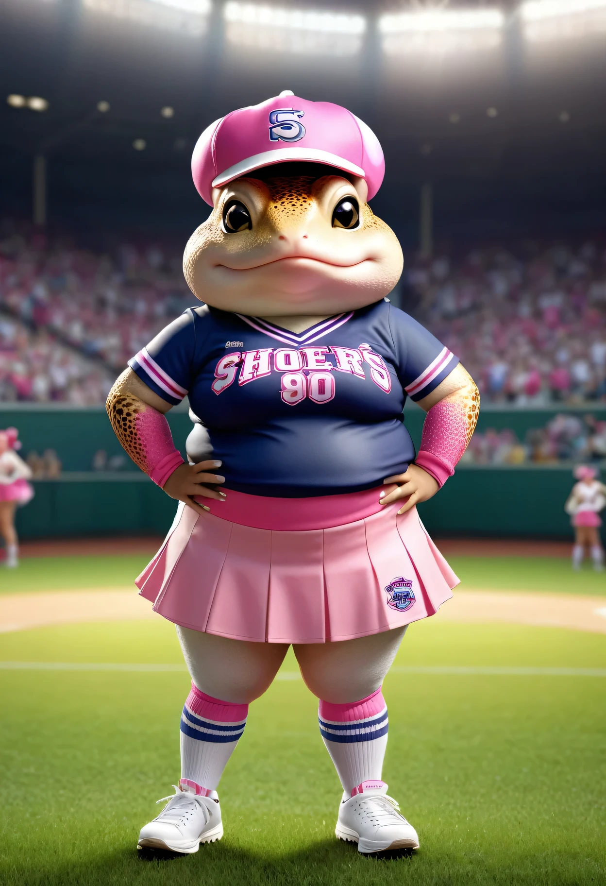 photorealistic portrait of Dressed animals - a ((fat))pink (toad) cheerleader,(full body image from head to toe:2.0), (hands on hips:2.0),(standing), (baseball cap),high quality,(lovely) , highly detailed cute top with team logo ,intricate detailed short pleated skirt, highly detailed ((cheerleader's costume)) ,(highly detailed sox and sneakers),(looking at viewer:1.5), (closed mouth:1.2), natural lighting,, grass sports field background,score_9, score_8_up, score_7_up, score_6_up, score_5_up, score_4_up,