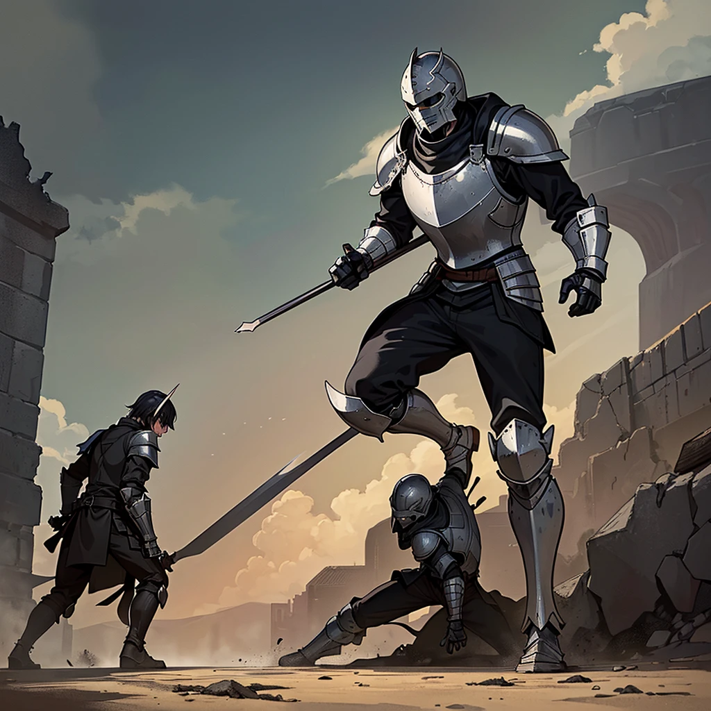 Best illustrations、Best Quality、(Full body character concept、20 people)、(((Gray simple armor、Black trousers、Black gloves、Short Hair、Black Hair、20 year old man、Iron Helmet、Iron helmet)))、(((Fighting Pose)))、(Old ruins、desert。Grass)、(Masked Knight)、(Black, muddy swamp)、(Medieval Knight)、(Close your eyes、get annoyed、Open your mouth、Get angry、Sweat)、battlefield、(From the back)、Sea of mud、Black Sea