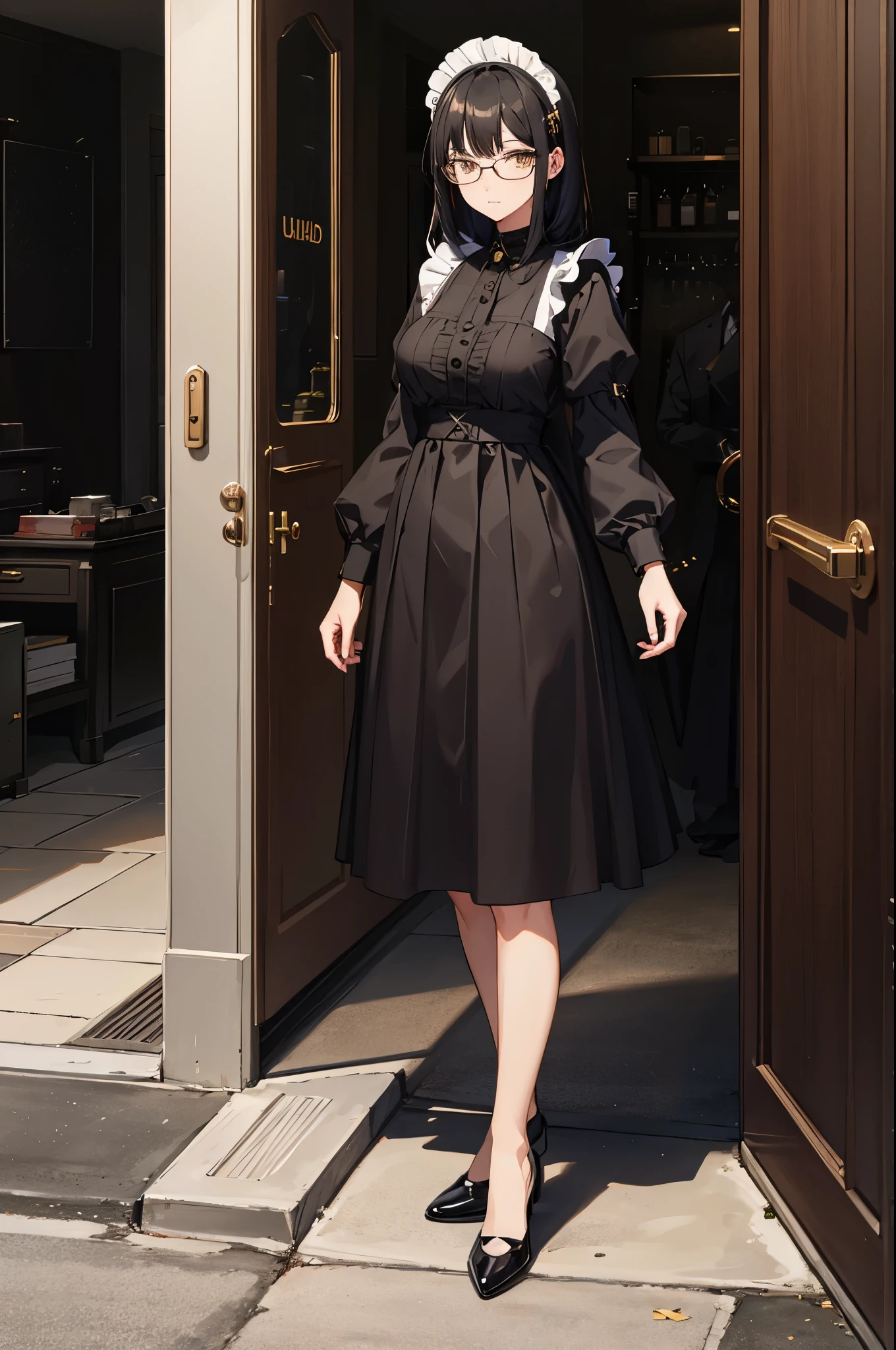 1woman, black hair, gold eyes, glasses, maid, standing on ground, high res, ultra sharp, 8K, masterpiece