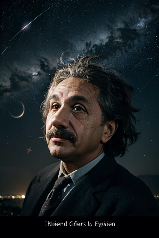 Einstein looking at the sky, surrounded by stars and equations
