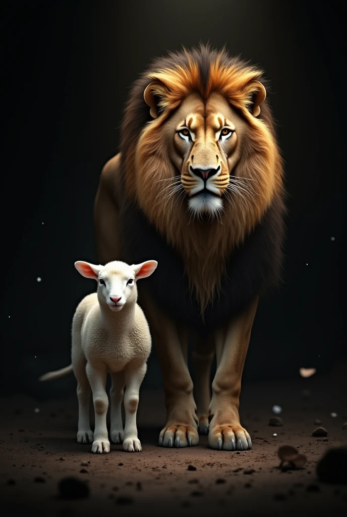 Evangelical image with a lamb next to a lion and a black background