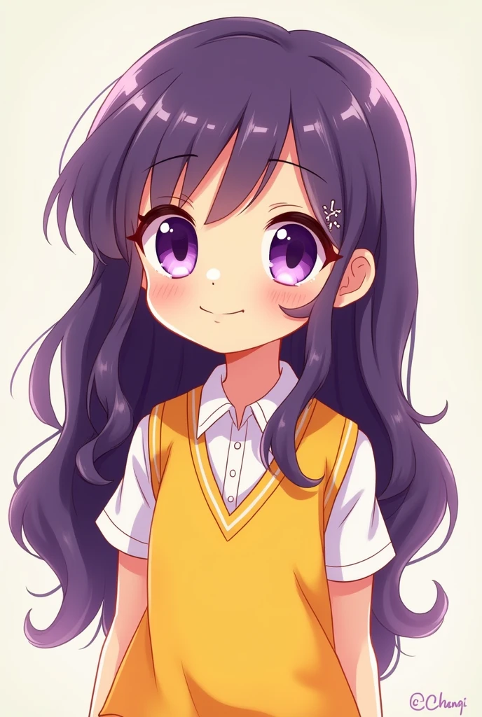(cartoon-like) a girl with long dark purple hair with purple eyes and a yellow school vest and purple eyes soft smiling cute big eyes 