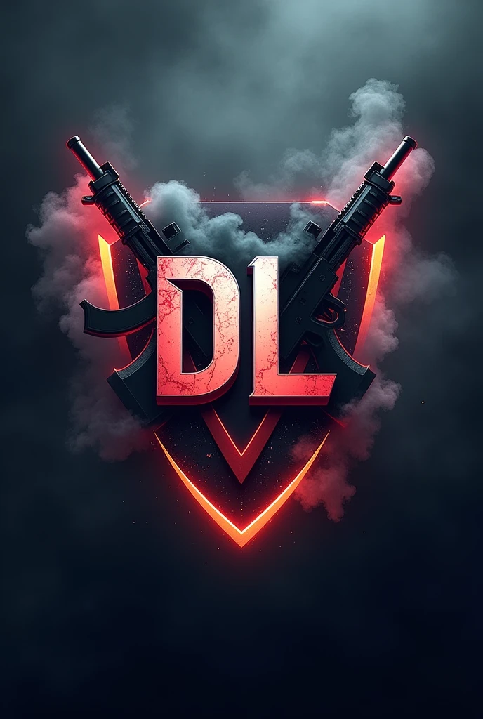 a logo for a free fire x1 championship with the name "Daily Legend" use weapons, smoke in the background, the initials