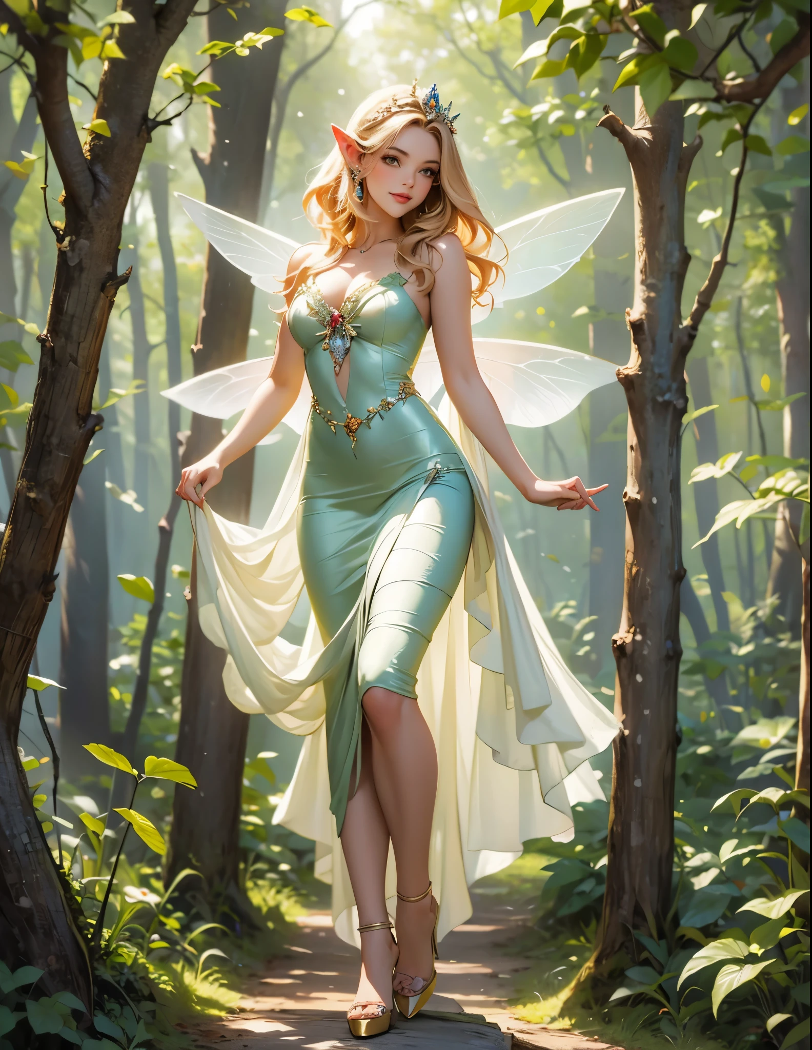 a 1940’s pinnuppainting of a woman in a dress standing in the woods, portrait of a fairy, forest fairy, fey queen of the summer forest, portrait of fairy, forest fae, smiling as a queen of fairies, fairy aesthetics, beautiful fairy, queen of the fairies, faerie, beautiful fairie, beautiful fairies, goddess of nature