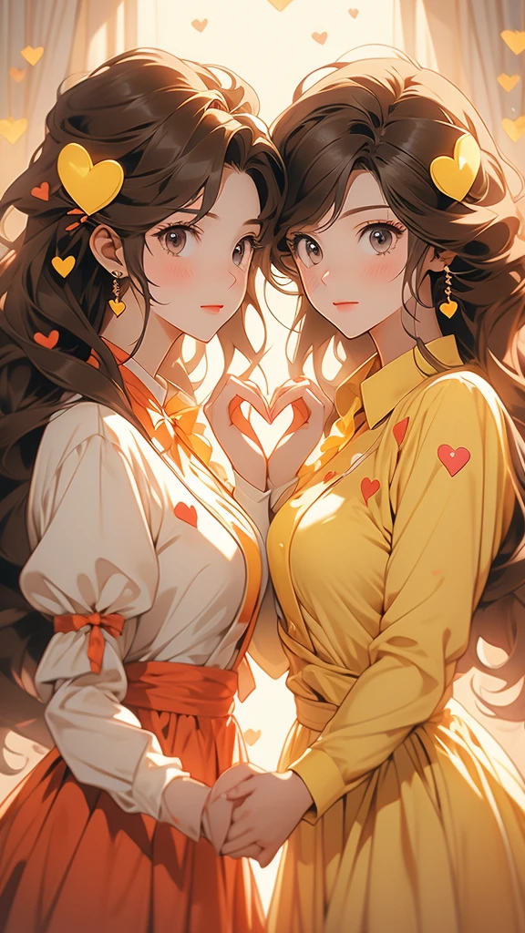 two anime female characters are dressed in yellow, holding hands in a heart shape, heart, heart hands, 1girl, long hair, necktie, brown hair