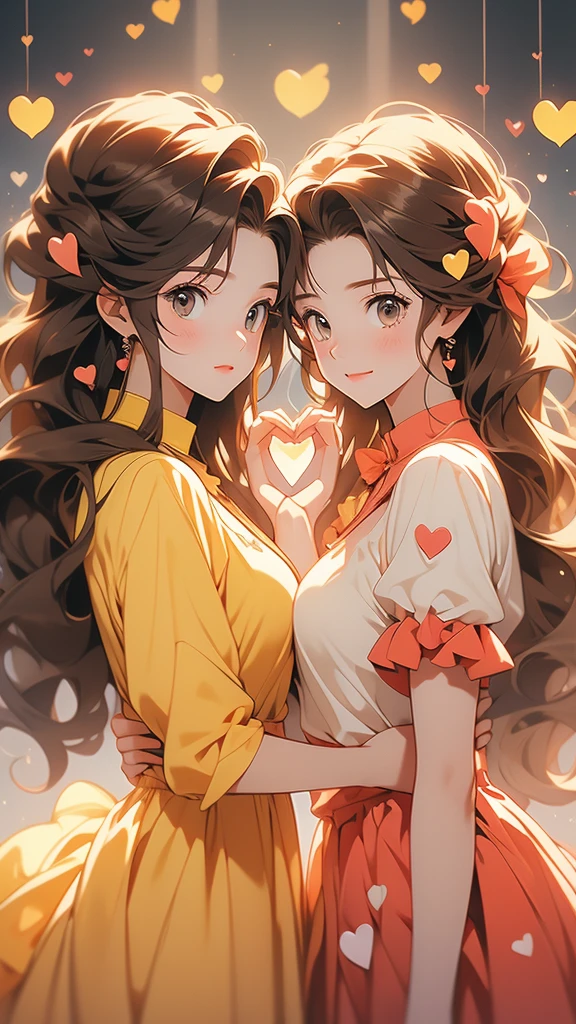 two anime female characters are dressed in yellow, holding hands in a heart shape, heart, heart hands, 1girl, long hair, necktie, brown hair