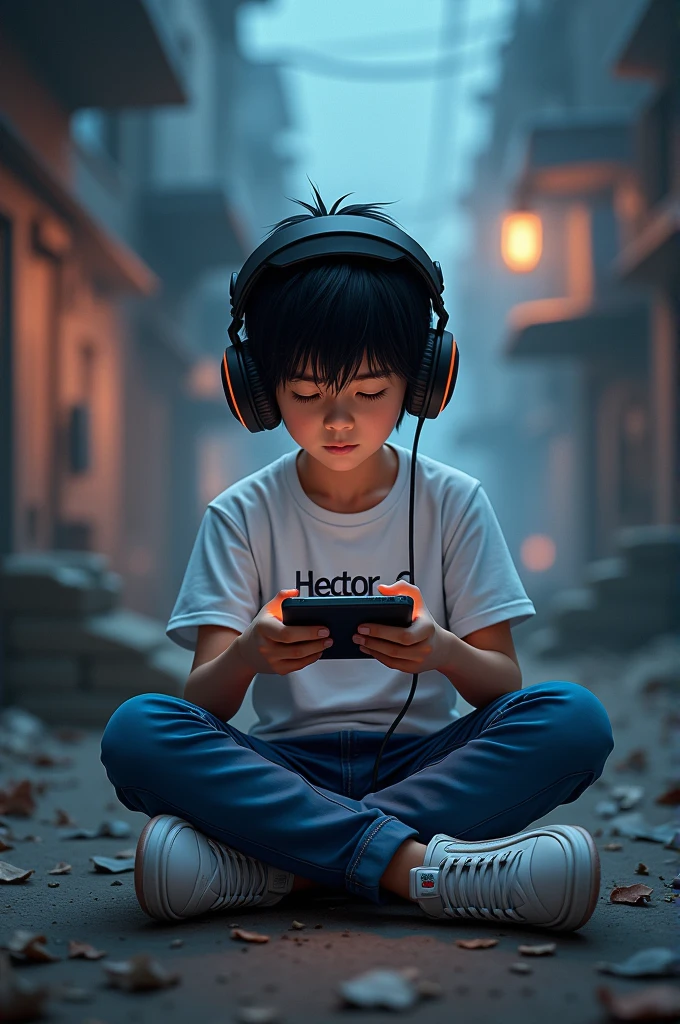 Fondo call of duty , boy sitting on the floor playing on a cell phone, WHITE TENNIS , black hair , gamer headphones, blue jeans, white shirt with Hector&#39;s name 