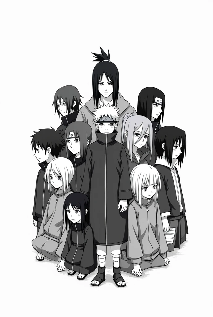 A black and white illustration featuring one of Naruto&#39;s main characters., naruto uzumaki, sasuke uchiha, sakura haruno, Kakashi Hatake, hyuga Hinata, gaara, Jiraiya, tsunade, itachi uchiha, orochimaru, Shikamaru Nara, Kiba Inuzuka, Rock Lee, Neji Hyuga, Pain/Nagato e tambem separado itachi uchiha, Kisame Hoshigaki, Pain/Nagato, the woman, Deidara, Sasori, Hidan, Kakuzu, ZETSU, Tobi/obito uchiha, in the style of a poster with characters. There must be an empty white background, no shading, with open space between the lines.