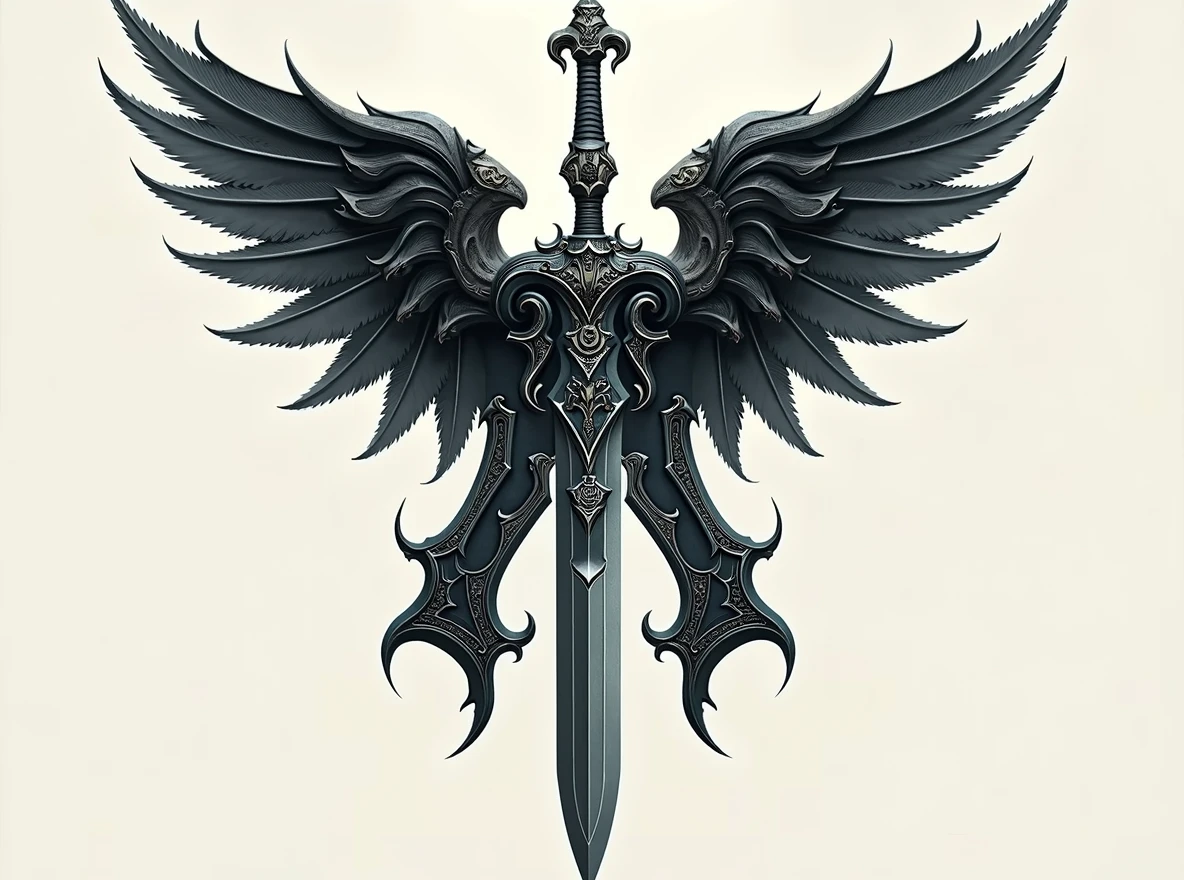 Replace the sword with a thin-bladed dagger. The dagger should have an elegant, slender blade and an ornate handle, matching the overall dark fantasy aesthetic. Ensure that the 'A' shape above the blade and the wings on either side remain completely intact and unchanged. The dagger must fit naturally within the design, replacing the sword but maintaining the same position and alignment. replace sword with a thin, slender-bladed dagger. dagger with an elegant, sharp blade and detailed handle.