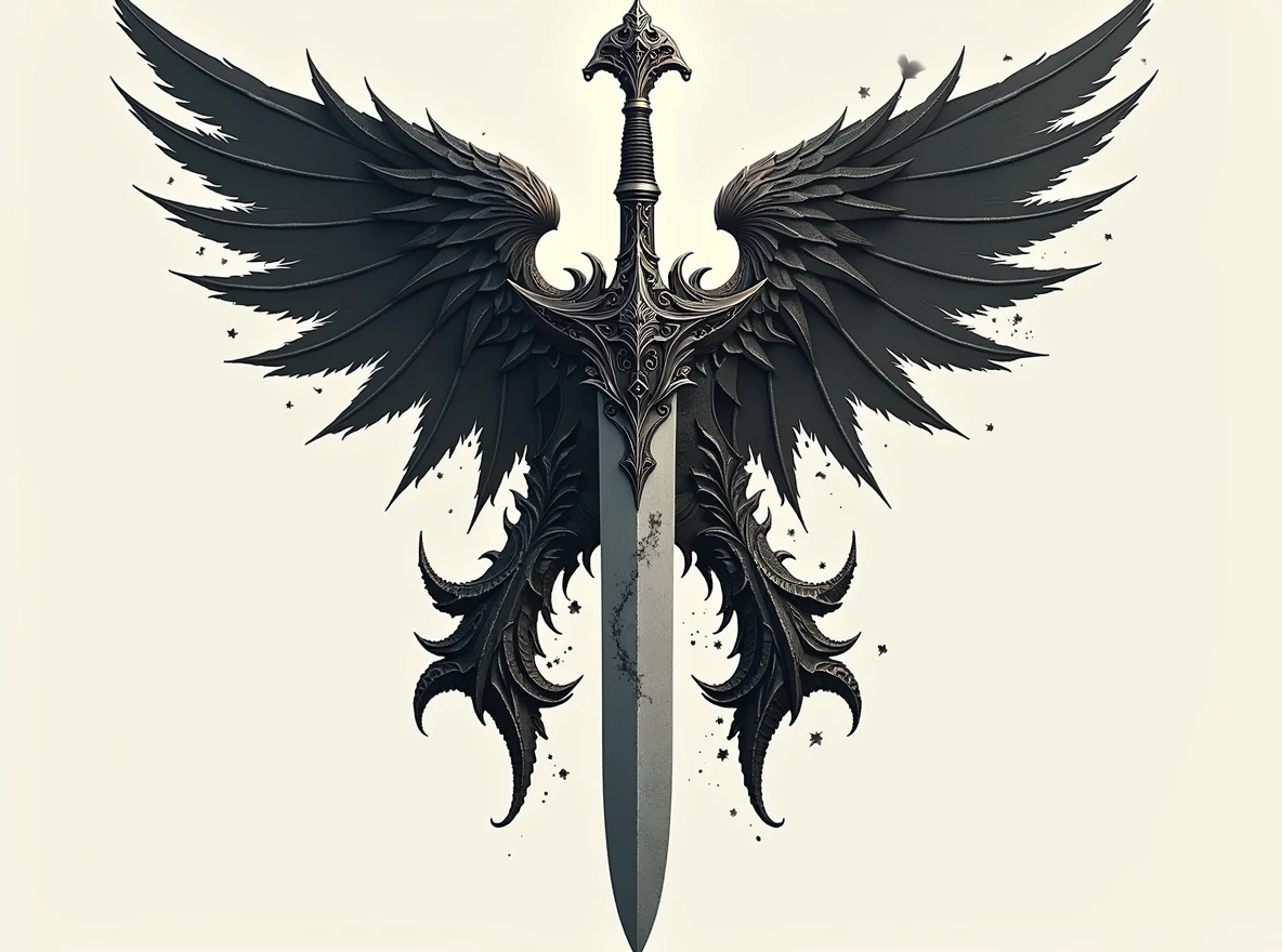 Replace the sword with a thin-bladed dagger. The dagger should have an elegant, slender blade and an ornate handle, matching the overall dark fantasy aesthetic. Ensure that the 'A' shape above the blade and the wings on either side remain completely intact and unchanged. The dagger must fit naturally within the design, replacing the sword but maintaining the same position and alignment. replace sword with a thin, slender-bladed dagger. dagger with an elegant, sharp blade and detailed handle.