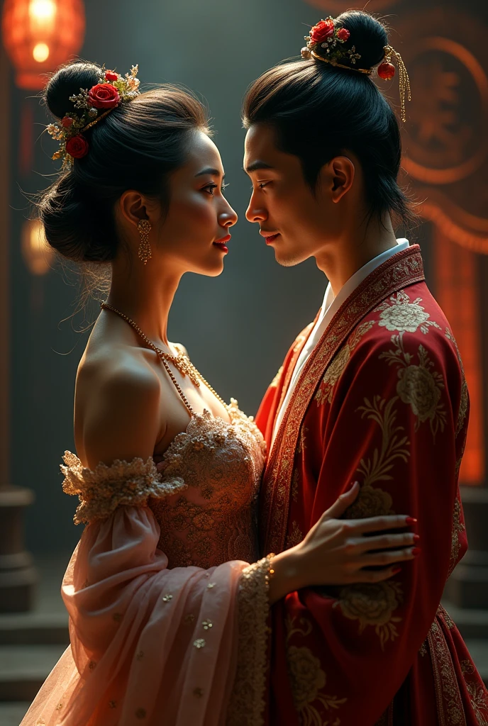 Black girl, historical costume, chinese man kissing