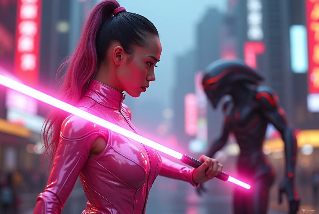 Lucy Liu in a scifi sexy battle suit (pink chrome) wielding a light sword (pink), bubblegum hair, streets of Bangkok challenging an Alien Xenomorph 'ROUND 1 FIGHT!' written in large letters along the bottom of the screen (Alert: only one light sword, only one light sword blade)
