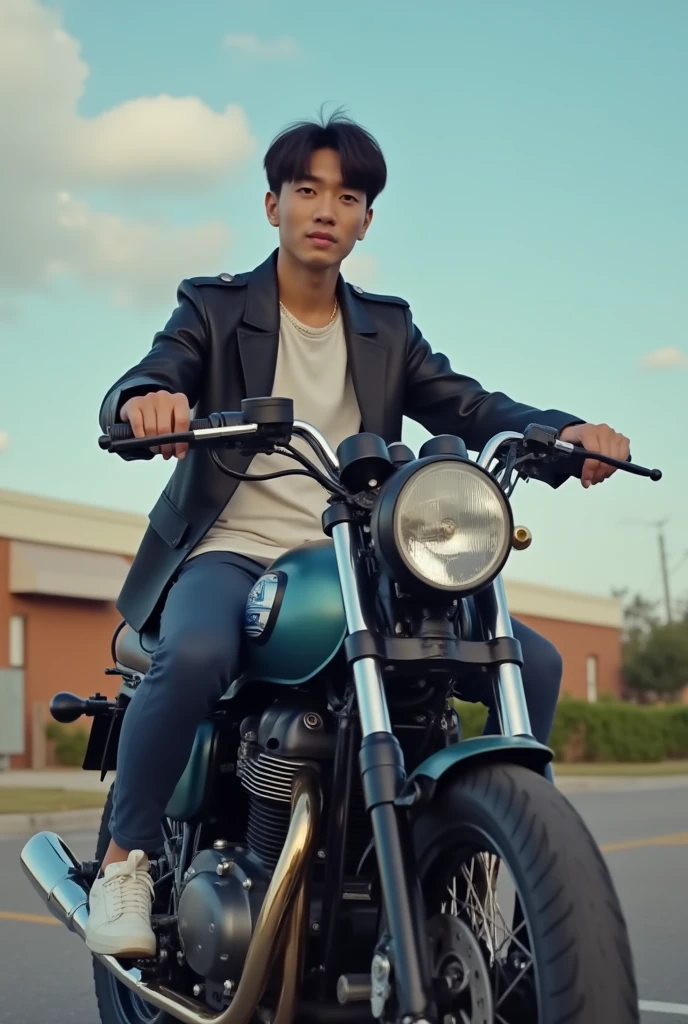 jungkook from bts who is on a motorcycle dressed as a student