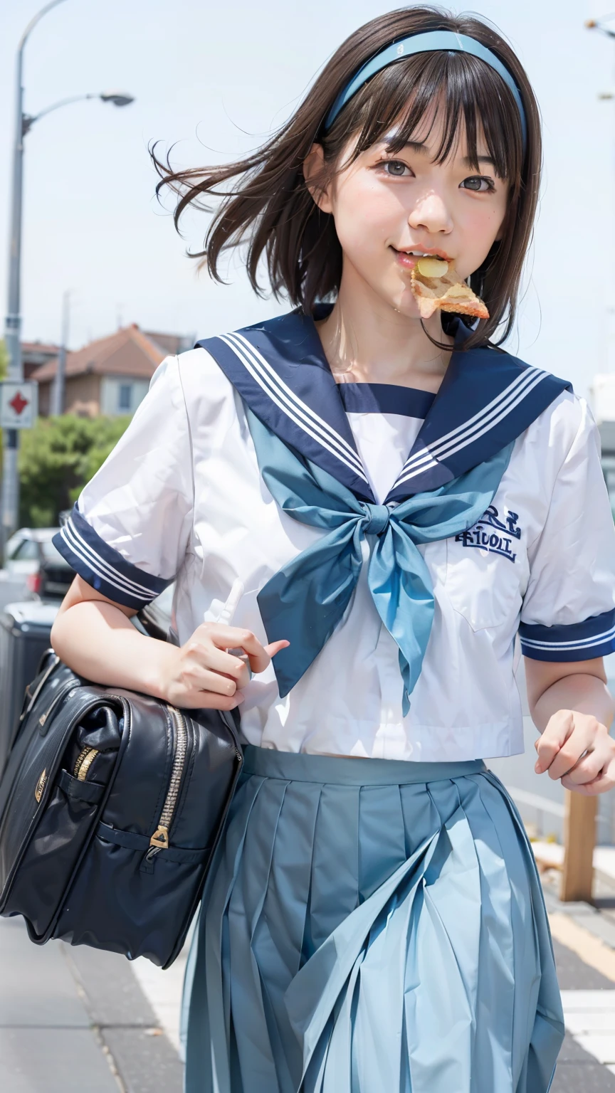 sailor uniform, One Woman, (Beautiful woman, delicate :1.3), Black Hair, (bob cur:1.4), bangs, 8k, Highest quality, masterpiece, Very detailed, Ultra-high resolution, Realistic, RAW Photos, Absolute Resolution, Black Hair, (Sky blue sailor collar:1.4), (sky blue pleated skirt:1.4), (Realistic :1.4), ((White headband:1.4)), Small breasts, expensive, Bright Blue Eyes, (In front of the school gate), smile, (standing pose:1.4), (one school bag on shoulder:1.4), (long skirt:1.4), slender female body, (Blur the background:1.4), (looking at the camera:1.4), glossy hair, 