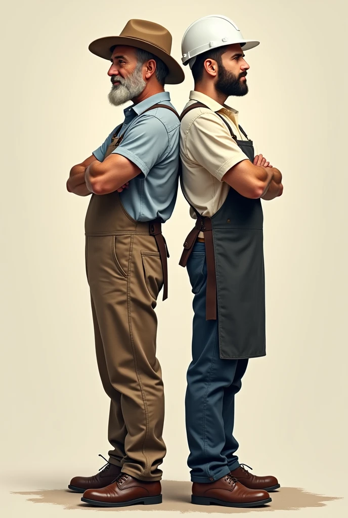 2 people smiling with arms crossed, a farmer with a hat and an industrial engineer with a white helmet and apron. Both in profile and from behind. both men. Full body image with legs and feet.