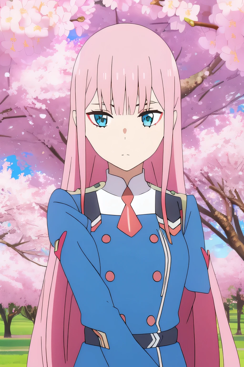 ((best quality)),((Very detailed)),masterpiece,absurd,Delicate face,Pretty Face,((Delicate eyes, Deep eyes)),(1 Girl),((Dynamic poses)),   zero_two, 1 Girl, Solitary, Long hair, Pink Hair, army uniform, , Straight Hair, , Green Eyes, Bangs, Shut up, Upper Body, jacket, Long sleeve, Eyeshadow, Tree, short tie, very Long hair, looking off to the side, tie, cosmetic, Look away, trumpet, outdoor, Double-breasted, blunt Bangs, breast, shirt, Buttons, blue eyes, Shiny hair, sky, Cherry Blossoms, Cherry Blossom Background