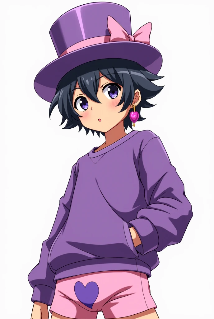 An anime character with black hair, brown skin, black eyes on his head, in the right corner there is a purple top hat with a pink ribbon on his face, on his boxers there is a purple heart mark and on his left ear there is a device that is shaped like a flame and is purple and pink in color. His clothes are a sweatshirt and pants, all with purple and pink color palettes.