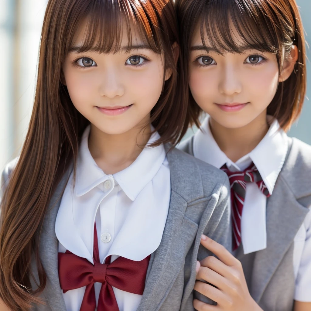 (Realistic:1.25), Bright lighting, Professional Lighting, Face Light, Smooth lighting, 2 Japanese Girls, Adult, beautiful girl, action, gravure, sexy,Very beautiful, Very beautiful detailed eyes, dorropy eyes,Detailed face, slim, (Very short fluffy hair:1.0), (Red Hair Color:1.2), Clear Eyes, Looking into the camera, (Ecstasy, orgasm, erotic:1.0), Face close-up, smile,(Junior High School Uniform:1.5))"