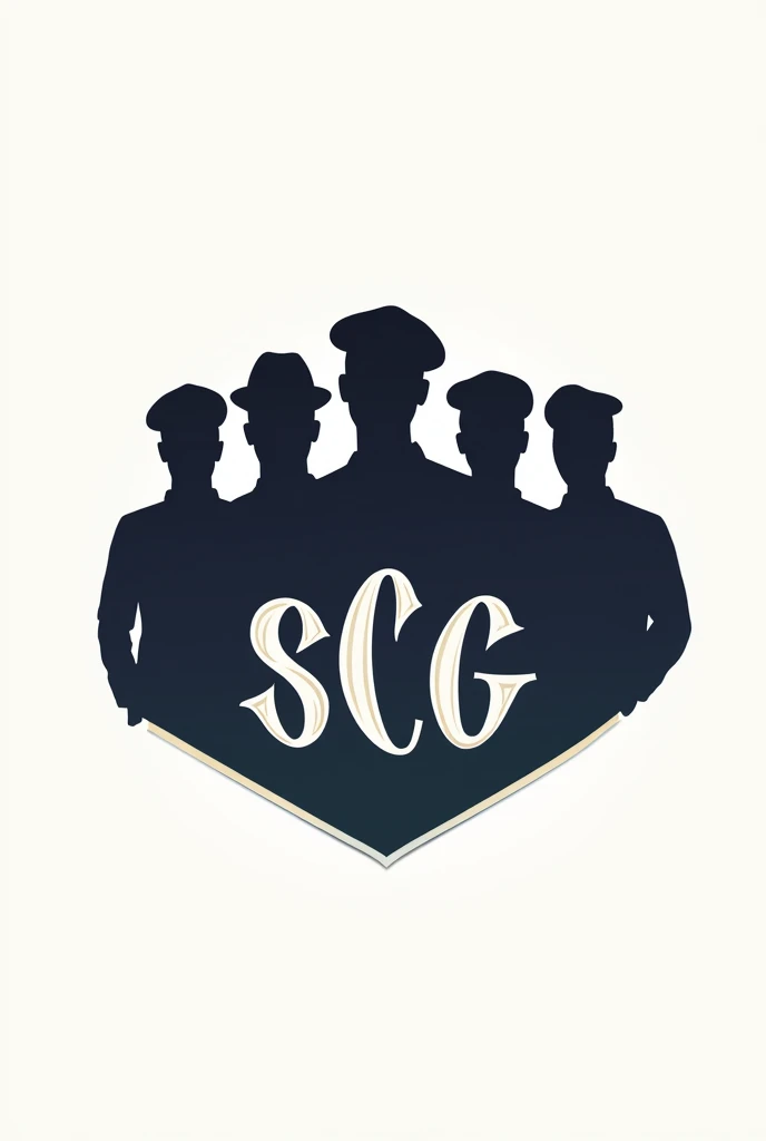 Logo for a community security company, with 5 silhouettes, Four with plain police-style caps and the one inside with a beret, representing the community, that has the initials SCG, and that it has the motto united by gaitán written in an aesthetic way