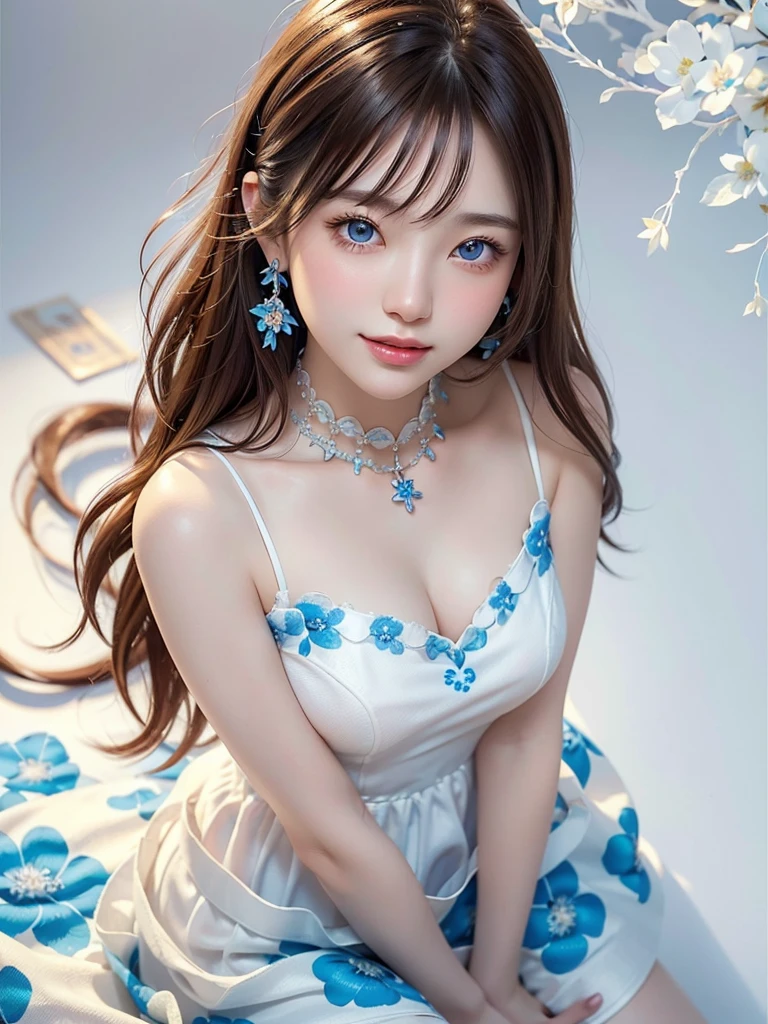 8k,Confused, High resolution, Very detailed, 1 girl, alone, Very beautiful eyes, Ultra-precise depiction, artistic、Very detailed depiction, (Tangled:1.2), , (White high key background:1.5), (((White dress with blue floral pattern 1.5))),See-through 1.3 、 short hair、Loose wavy hair、Earrings and Necklaces、Brown Hair, (Glowing Skin), Many colors, , (Shooting from above:1.2),、Flat Body、slim、cute、、Round face、Cast a Shadow、、Smile 1.3
