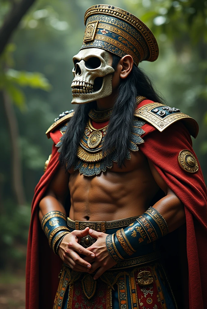 Aztec king with skull mask and short hair
