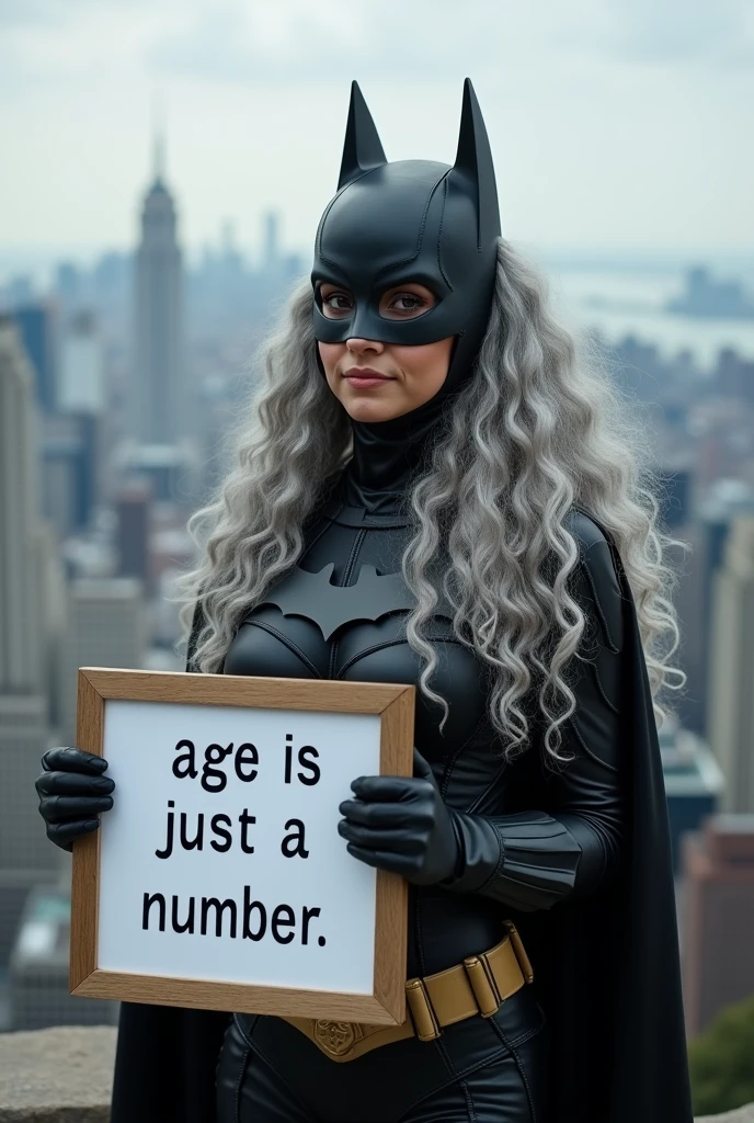 A beautiful youthful looking Hispanic version of a gray haired Ariana Grande as a 50 years old woma n with long her completely gray hair in a big curls styles as the superhero batwoman wearing a batw oman costume with a hood standing on top of a hil I overlooking a big city holding a white board with text " age is just a number" and showing it to the viewer