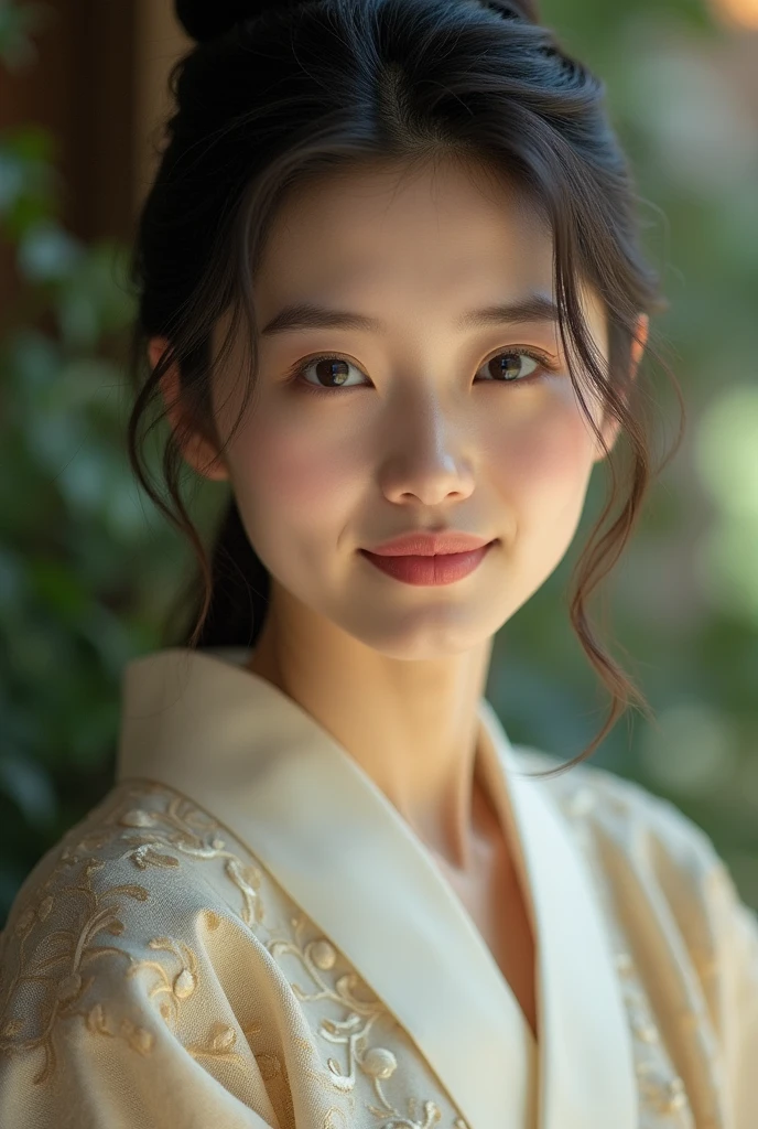 An elegantly dressed Japanese woman in natural light、A close-up of her chest and calm expression.、It shows her inner peace and outer charm.。