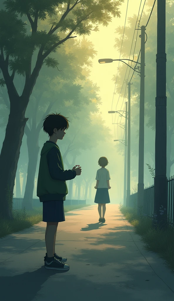 Create a poignant and emotional scene depicting one-sided love. In the foreground, show a person standing alone on a quiet street or in a serene park, looking longingly at another person who is walking away or standing at a distance, unaware of their gaze. The person in the foreground should have a soft, wistful expression, perhaps holding a small token like a letter or a flower, symbolizing their unspoken feelings. The background can include a soft, muted color palette with gentle, fading light, suggesting the melancholy and bittersweet nature of unrequited love.