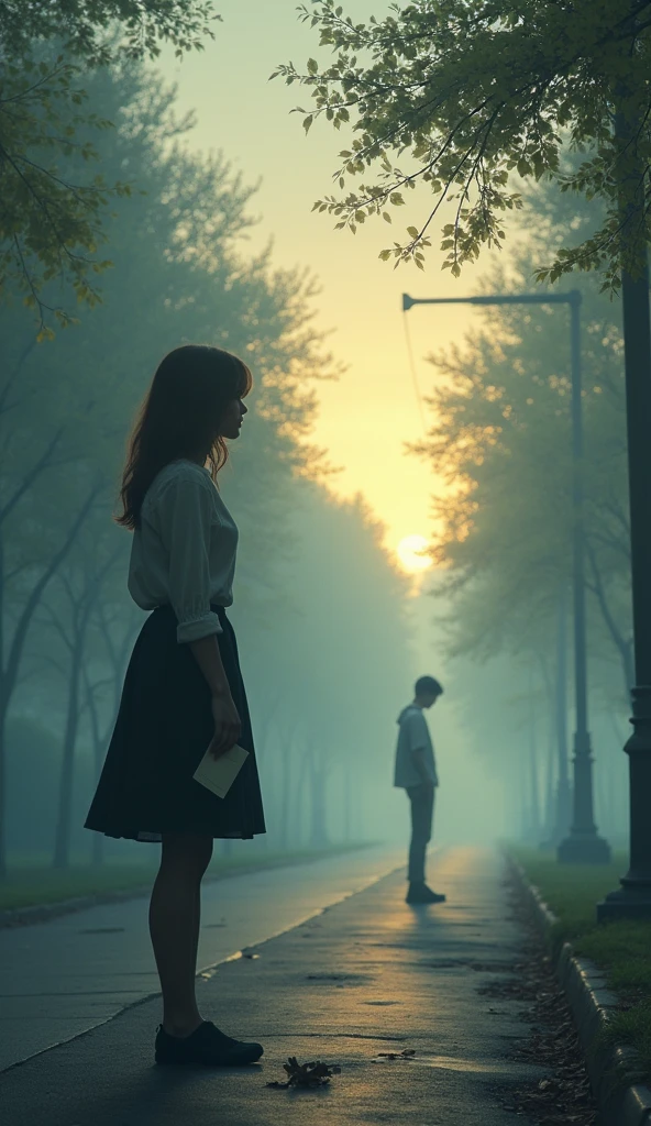 Create a poignant and emotional scene depicting one-sided love. In the foreground, show a person standing alone on a quiet street or in a serene park, looking longingly at another person who is walking away or standing at a distance, unaware of their gaze. The person in the foreground should have a soft, wistful expression, perhaps holding a small token like a letter or a flower, symbolizing their unspoken feelings. The background can include a soft, muted color palette with gentle, fading light, suggesting the melancholy and bittersweet nature of unrequited love.