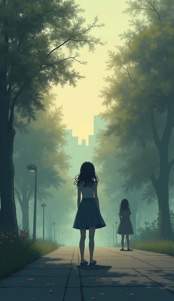 Create a poignant and emotional scene depicting one-sided love. In the foreground, show a person standing alone on a quiet street or in a serene park, looking longingly at another person who is walking away or standing at a distance, unaware of their gaze. The person in the foreground should have a soft, wistful expression, perhaps holding a small token like a letter or a flower, symbolizing their unspoken feelings. The background can include a soft, muted color palette with gentle, fading light, suggesting the melancholy and bittersweet nature of unrequited love.