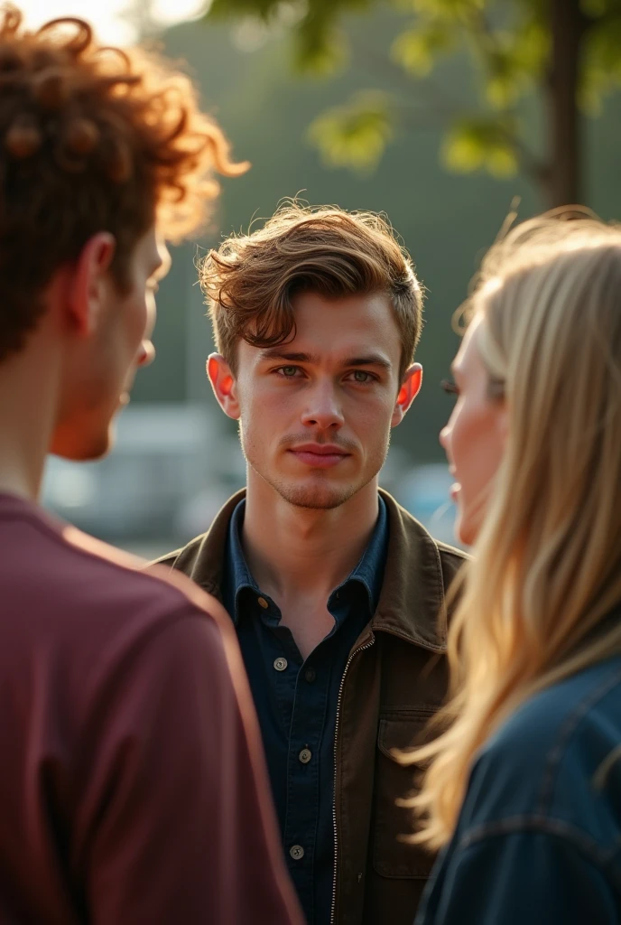 A 20 year old man with short brown hair talking to a redheaded man and a blonde woman
