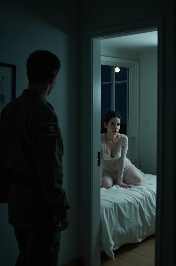 an army soldier, observes through the gap in a door a woman with slanted eyes, wearing a transparent dress, sitting on a bed, in a dark room, lit only by the moonlight coming through the window.
