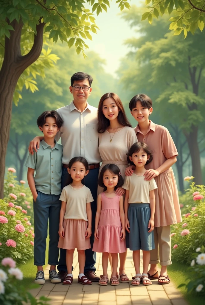 a realistic family photo showing harmony. This family consists of seven people: 50 year old father, 40 year old mother, two boys aged 25 and 20 years old, and three daughters aged 17, 14, and 11 years. Father and mother stand in the middle with warm smiles., surrounded by their children. Father wore a neat shirt and trousers., giving the impression of maturity and responsibility. Mother is wearing an elegant dress, radiating warmth and love. Both boys wore matching shirts and pants., reflect their maturity, while three girls wear cheerful dresses, showing the cheerfulness of their youth. The background is a beautiful green garden with shady trees and colorful flowers., create a strong atmosphere of happiness and family warmth."