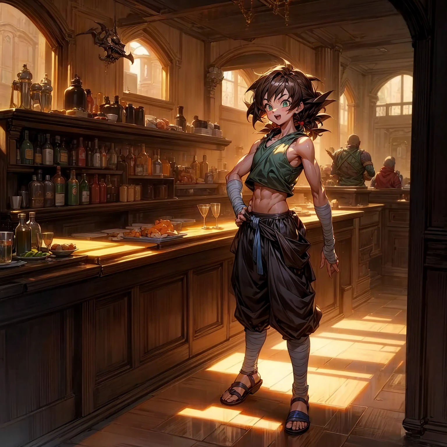 Solo character, full body version, ??? boy, big muscle, big torso, green eyes, brown hair, long hair, bob hair, Curly hair, casual clothing, short pants, bandage, Sleeveless, sandals, indoor, bar, village, medieval, morning, standing gesture, detailed background, detailed clothing, detailed hair, happy eyes, open mouth, (dragon ball style art)
