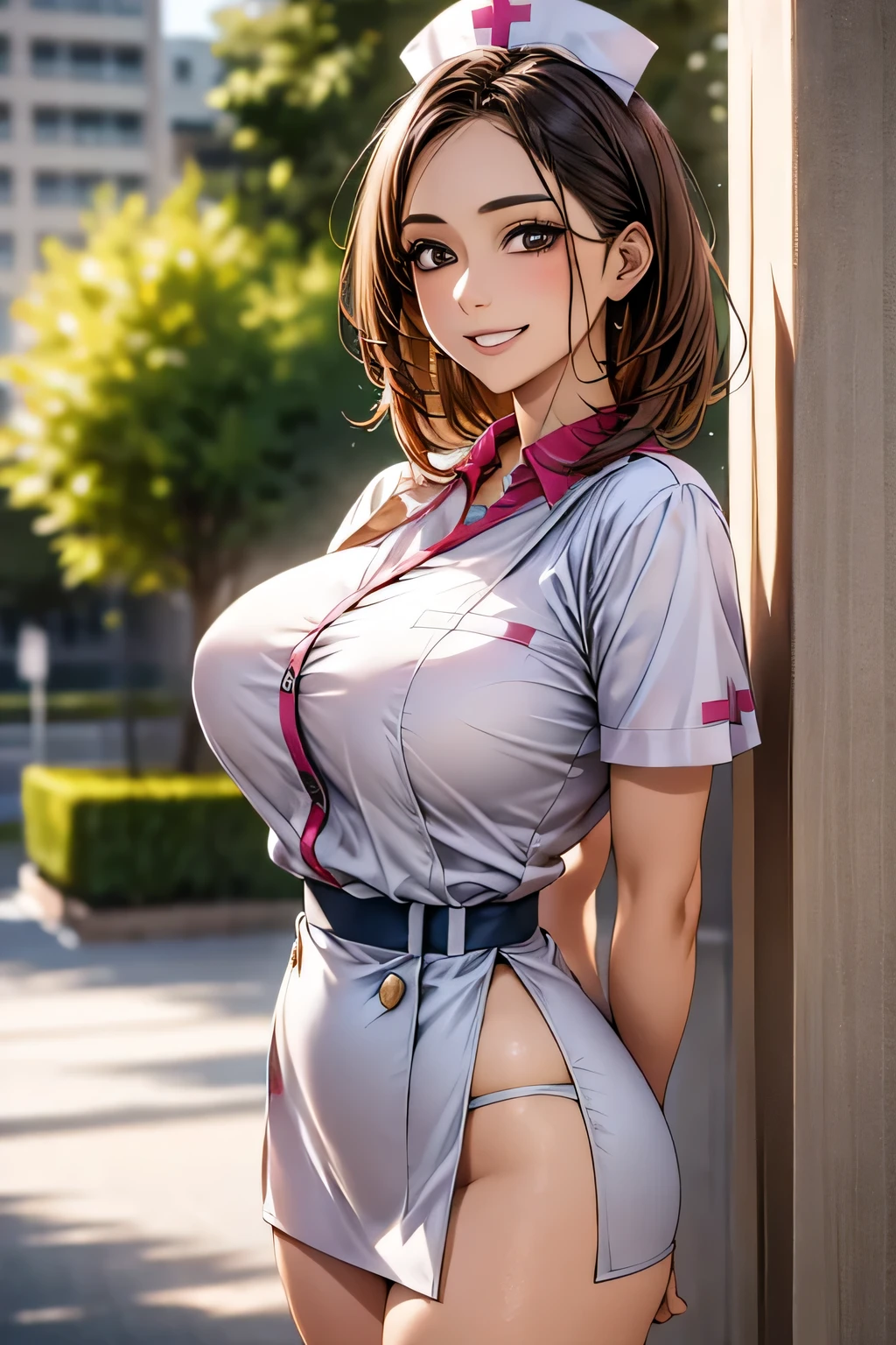 1 female, 40 years old, (Nurse cap, nurse uniform and mini skirt), masterpiece, grin, (very tanned and shiny skin), Big Breasts, photoRealistic, Realistic, alone, photoRealistic, Highest quality, Ultra-high resolution, Yura S, Outdoor, colorful,  Daytime setting, beautiful, masterpiece, Highest quality, Very detailedな顔, Perfect lighting, Ultra-high resolution, Very detailed, (background: Inside the hospital)